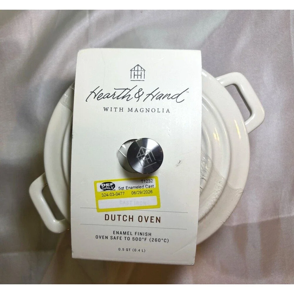 Heart & Hand with Magnolia White Enamel Cast Iron Dutch Oven w/ Lid 0.5 qt
